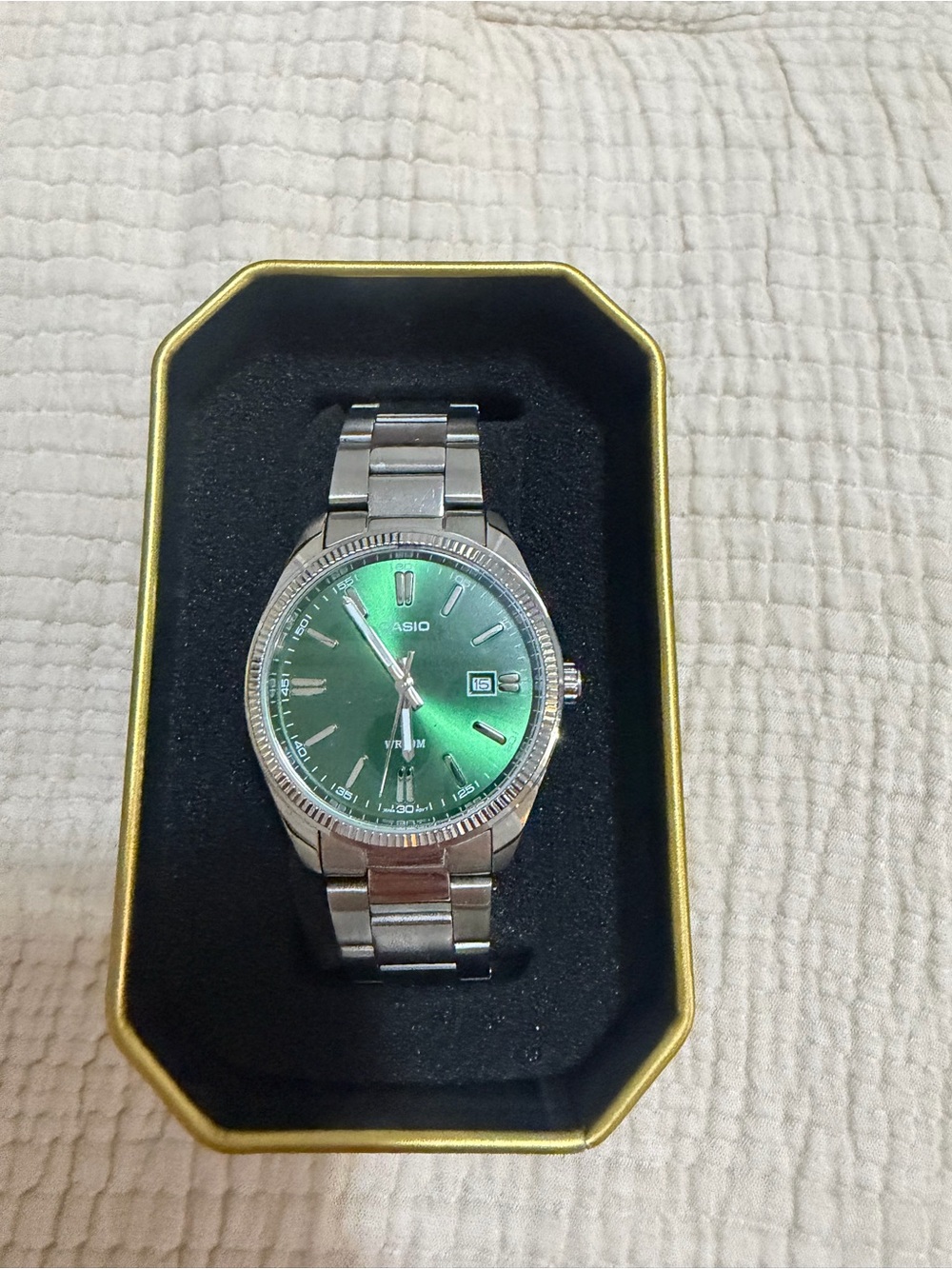 Casio Silver Men's Watch with Green Sunburst Dial